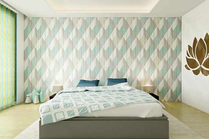 schlafzimmer tapeten ideen zimmergestaltung in hellen farben tapete mit geometrischem motiv