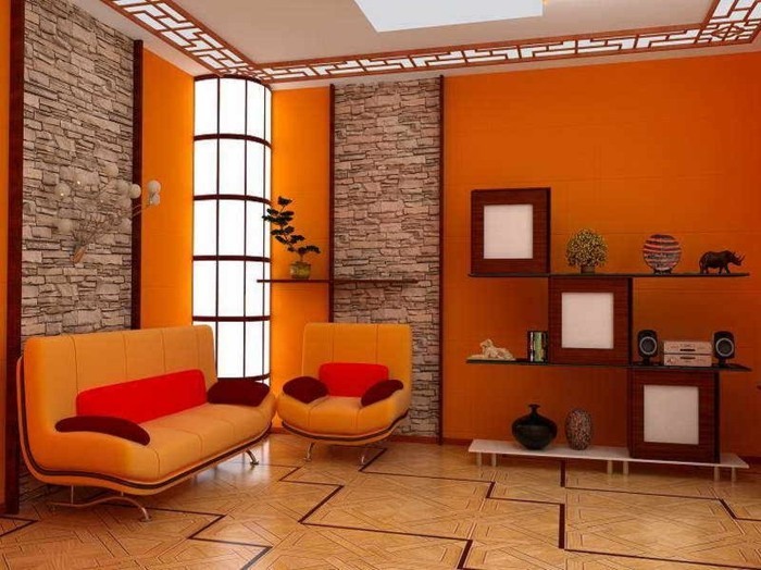wandfarben-ideen-orange-akzente-und-steinwände