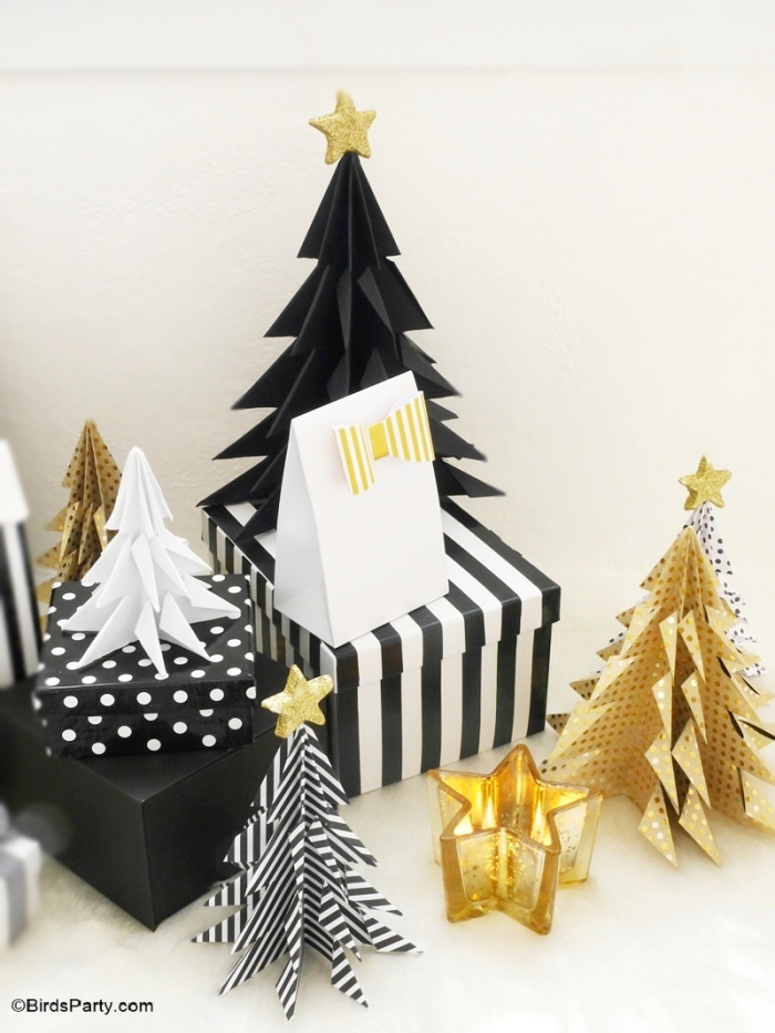 tischdeko ideen, weihnachtsbasteln mit papier, weihnachtsdeko ideen, weihnachtsdeko in schwarz und gold