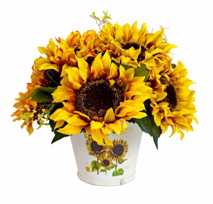 Künstliche-Sonnenblumen-und-Bild-auf-der-Vase