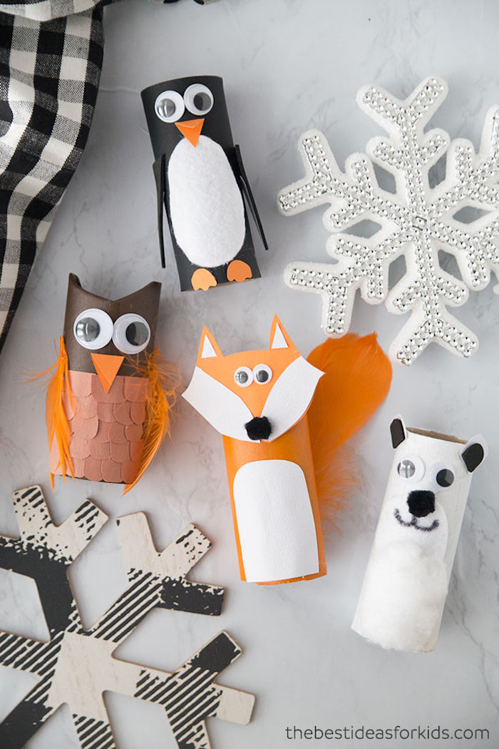 DIY Tiere aus Klopapierrollen, Eule Pinguin Fuchs und Eisbär, Basteln für Weihnachten mit Kindern