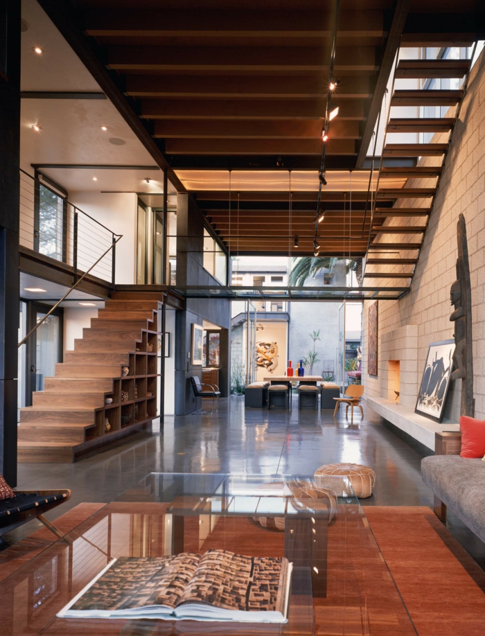 luxuriöser industrialer Stil, Treppen aus Holz, Wohnzimmer einrichten modern, groß