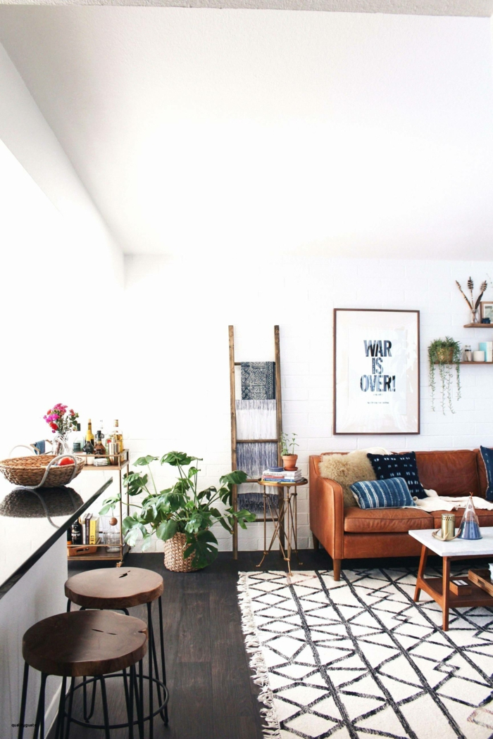 kleines Wohnzimmer einrichten, geometrischer Teppich, grüne Pflanze, Sofa aus Leder in braun
