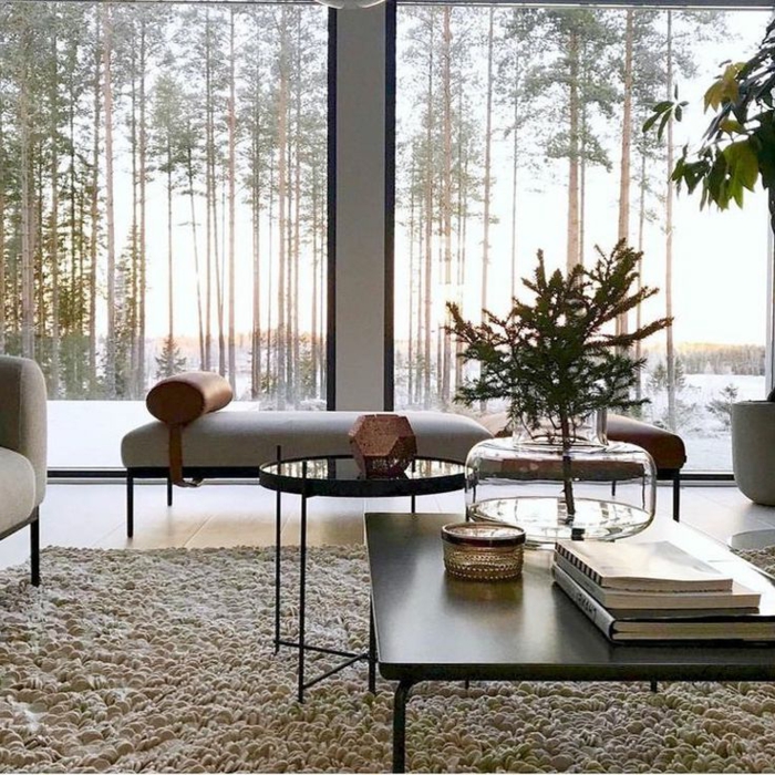 Luxus Einrichtung, moderne und schlichte Möbel, große Fenster, Wohnzimmer einrichten modern