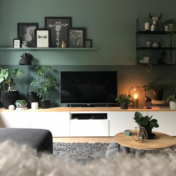 Inneneinrichtung Idee in grün, schwarz-weiße Bilder an grüner Wand, flaumiger Teppich, Wohnzimmer gestalten