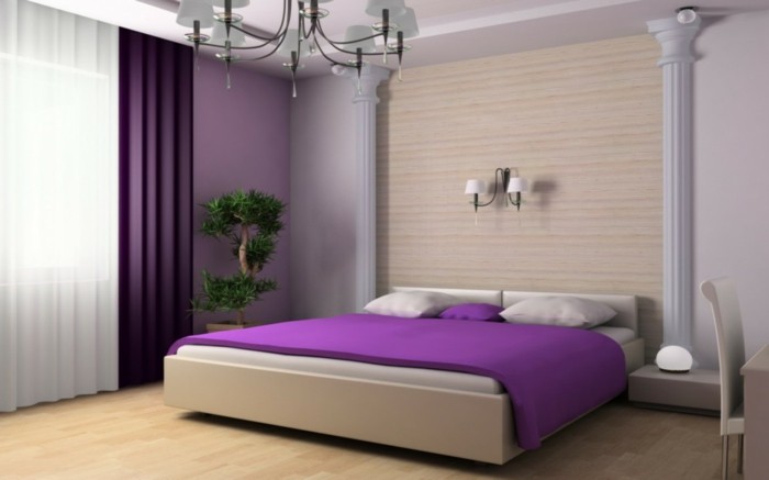Lila-Farbe-in-minimalistischem-Schlafzimmer
