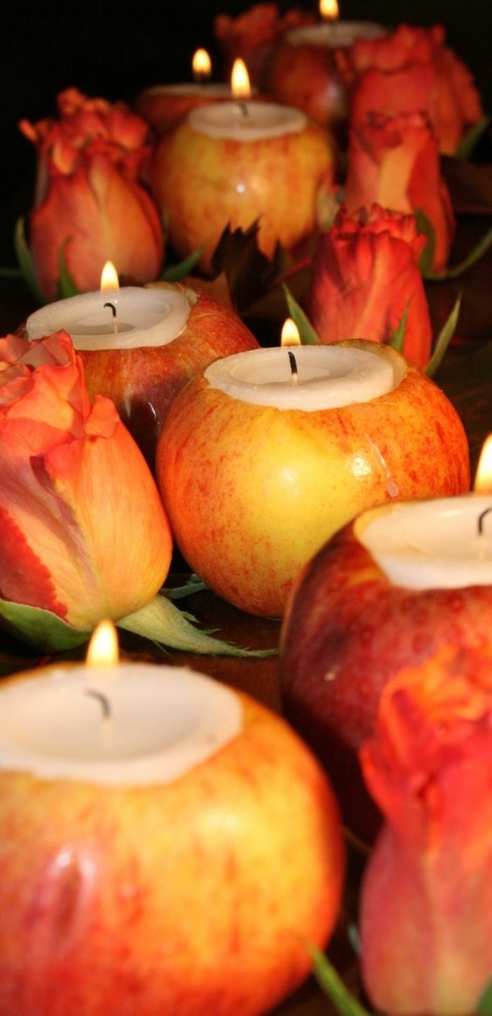 Tischdeko-basteln-Apfeln-und-Kerzen