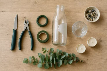 Material zum Tischdeko basteln: Messer, Draht, Glasflasche, Kies, Teelichter