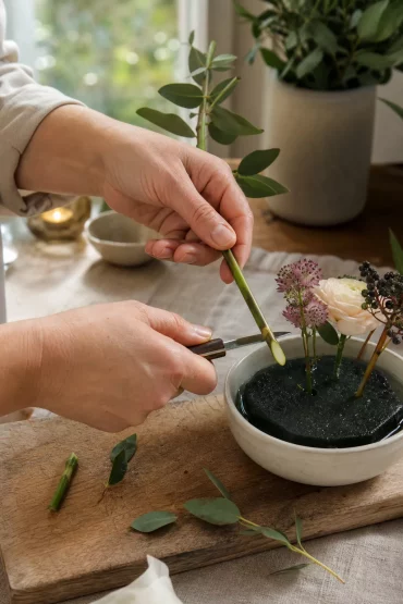 Hände schneiden einen Blumenstiel schräg über einer Schale Steckschaum