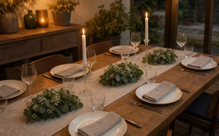 Tischdeko basteln: gedeckte Tafel mit flachen Gestecken und hohen Kerzen