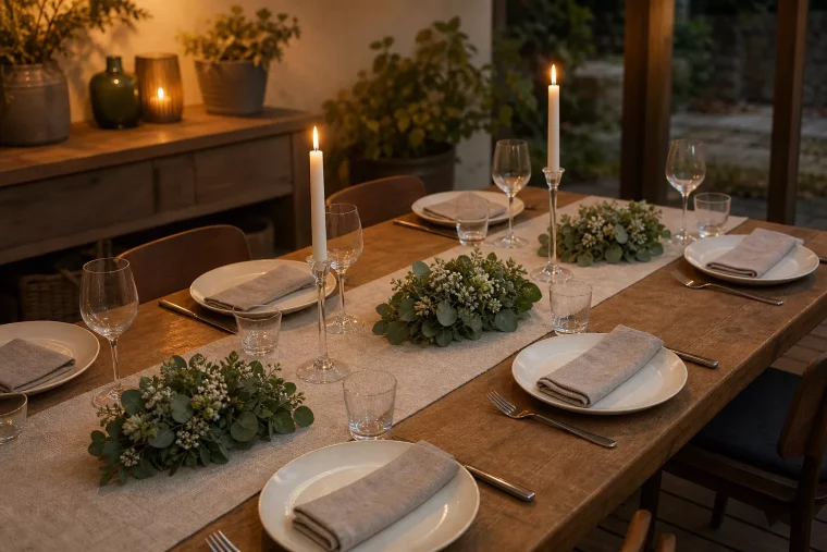 Tischdeko basteln: gedeckte Tafel mit flachen Gestecken und hohen Kerzen