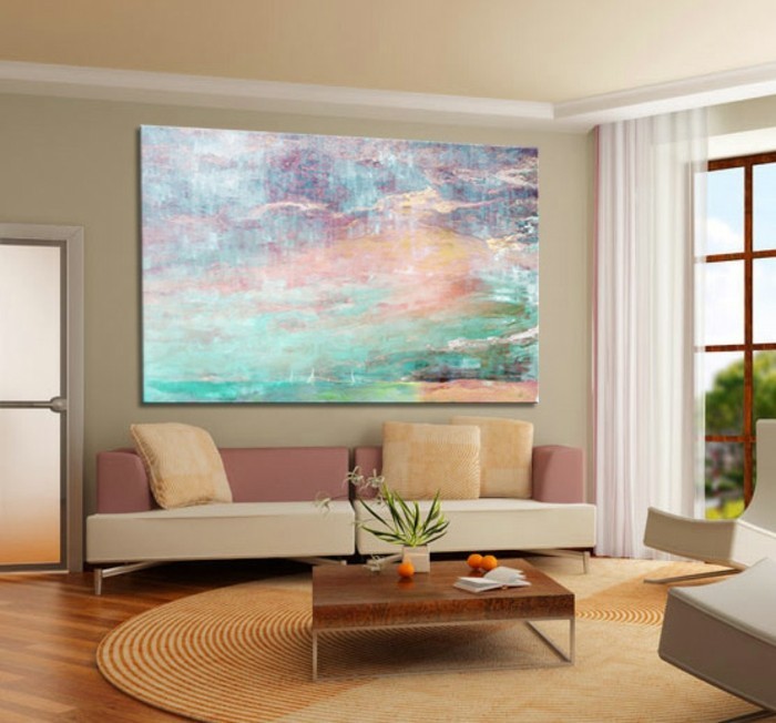 leinwandbilderxxl-wz-runder-teppich-rosa-weise-couch-holztisch-pflanze