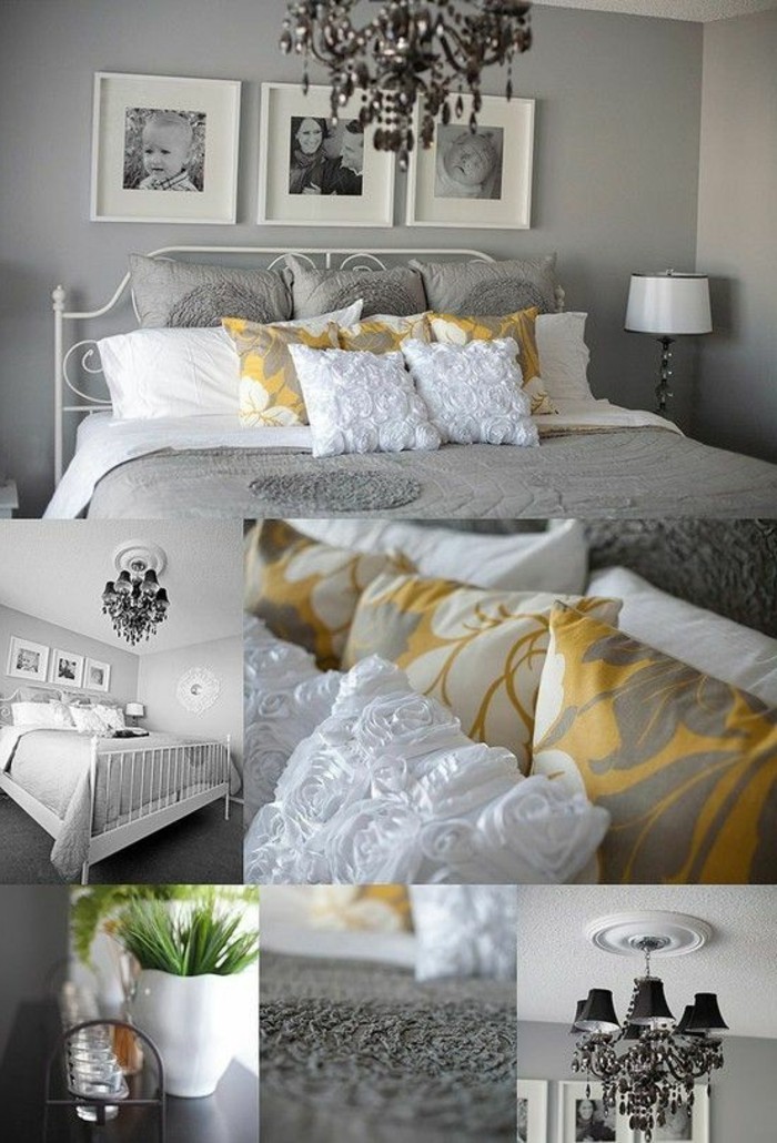 9-deko-schlafzimmer-grau-gelb-pflanze-schwarzer-kronleuchter-bett-fotos