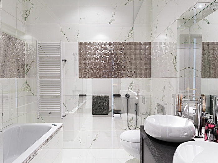 badezimmer deko, moderne badezimmereinrichtung in weiß und rosegold, designer möbel, mosaifliesen