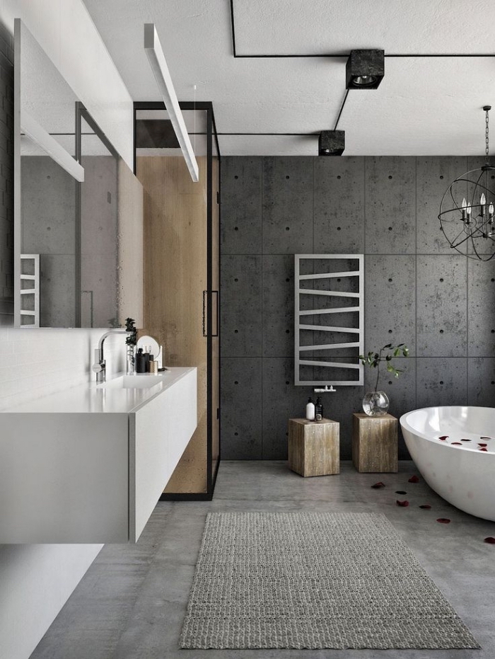 badezimmer ideen, moderne badezimmereinrichtung in weiß und grau, große fliesen in athrazit, kleines bad gestalten