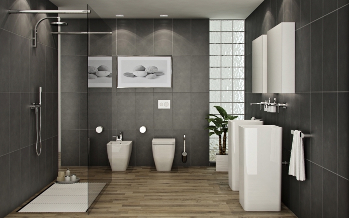 badezimmer ideen, badezimmereinrichtung in weiß und grau, bad mit duschkabinne, trennwand aus glas, designer möbbel