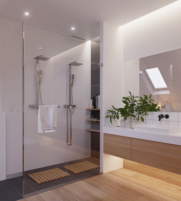 deko für wohnzimmer, grüne pflanze, trennwand aus glas, kleines bad ideen, badeinrichtung in weiß und holz