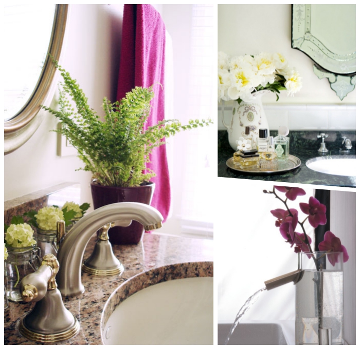 deko für badezimmer, waschbecken mit platte aus granit, grüne pflanze, rosa orchidee, badezimmerdeko
