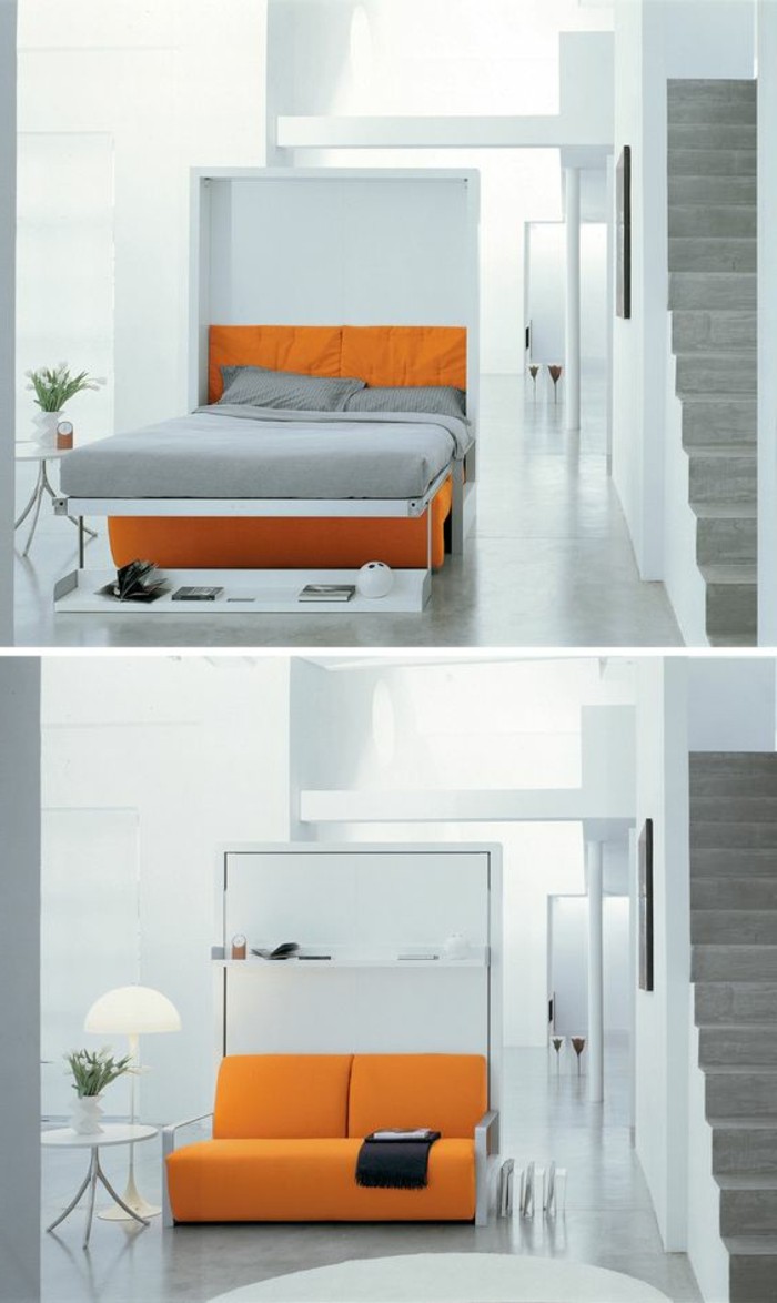 kleines-wohnzimmer-oranger-sofa-bett-weisser-schrank