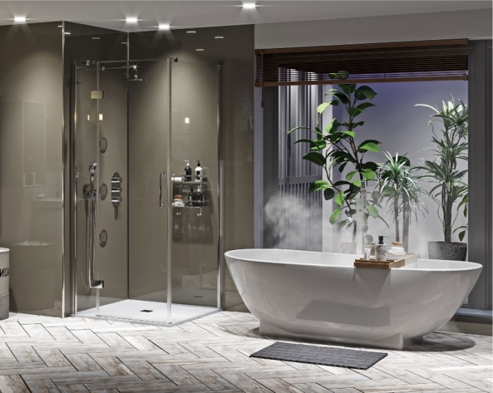 badezimmer einrcihtung in grau udn weiß, bad mit duschkabinne und badewanne, moderne bäder