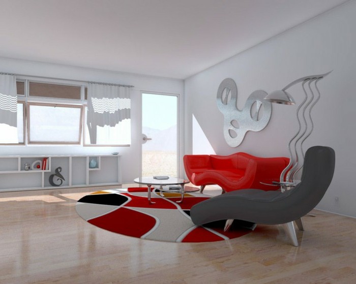 relax-stuhl-polsterstuhl-grau-runder-plueschteppich-rot-schwarz-grau-holzboden-rote-ledercouch-stehlampe-runder-glastisch