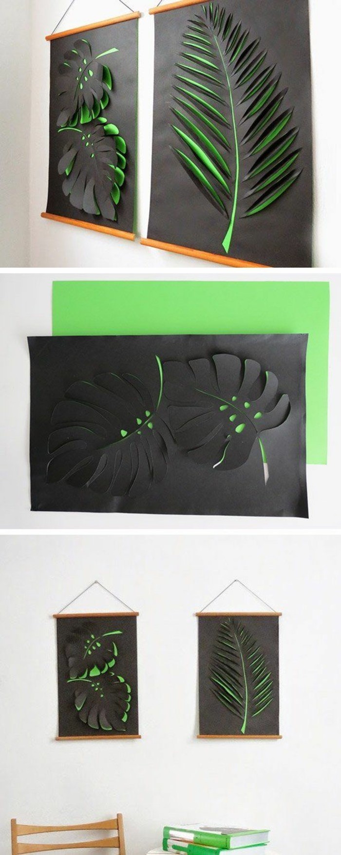 wanddeko-selber-machen-wanddekoration-ideen-3d-blatter-aus-grunem-und-schwarzem-papier