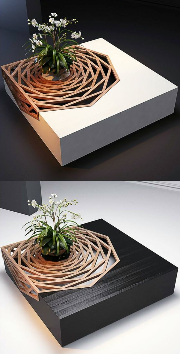 couchtisch-weiss-holz-viereckig-modern-futuristisches-design-tischdeko-pflanze