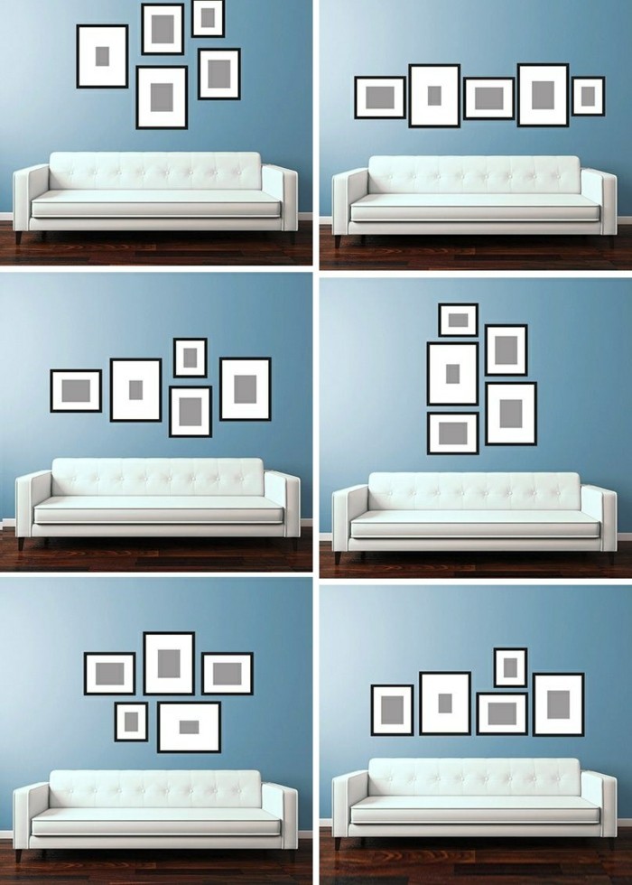 fotocollage-selber-machen-weiser-sofa-blaue-wand-boden-aus-holz