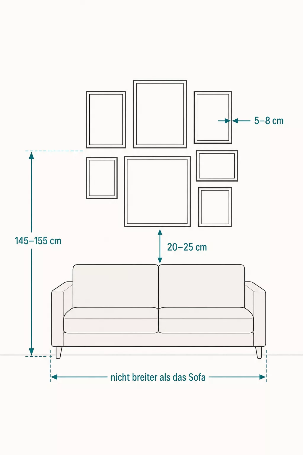 Grafik mit den wichtigsten Maßen für eine Fotowand über dem Sofa