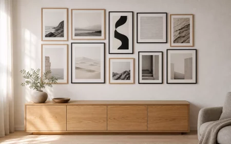 Fertige Fotowand selber machen mit Bilderrahmen in gemischten Formaten über einem Sideboard im Wohnzimmer