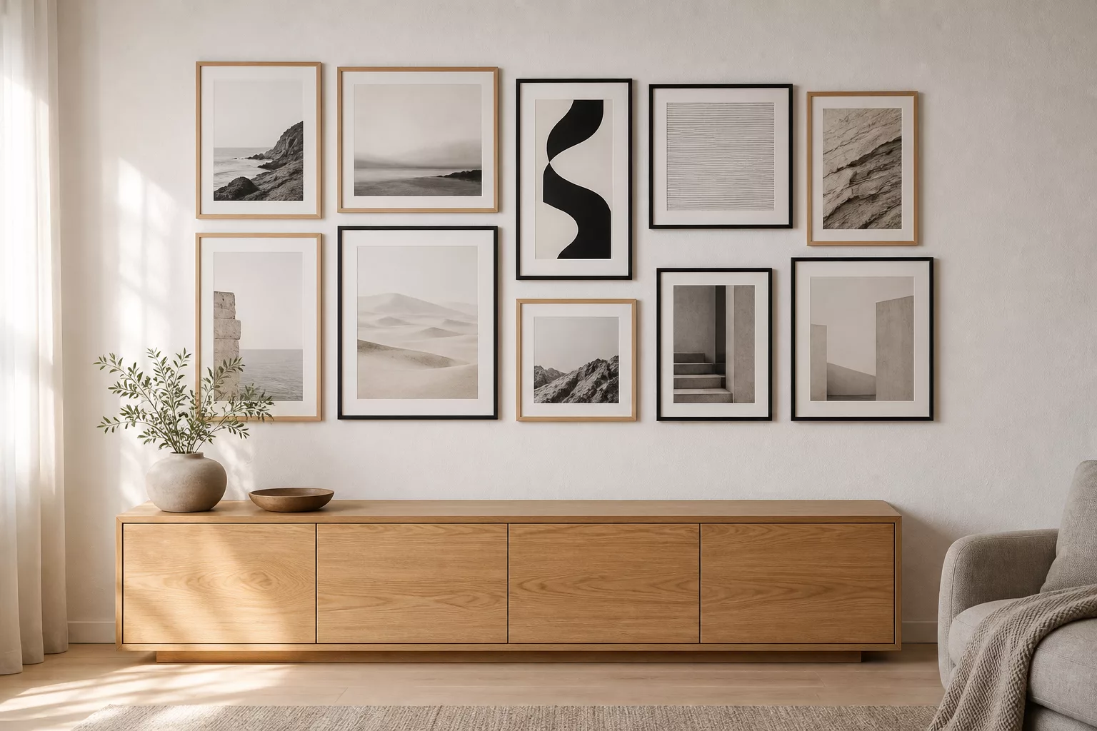 Fertige Fotowand selber machen mit Bilderrahmen in gemischten Formaten über einem Sideboard im Wohnzimmer