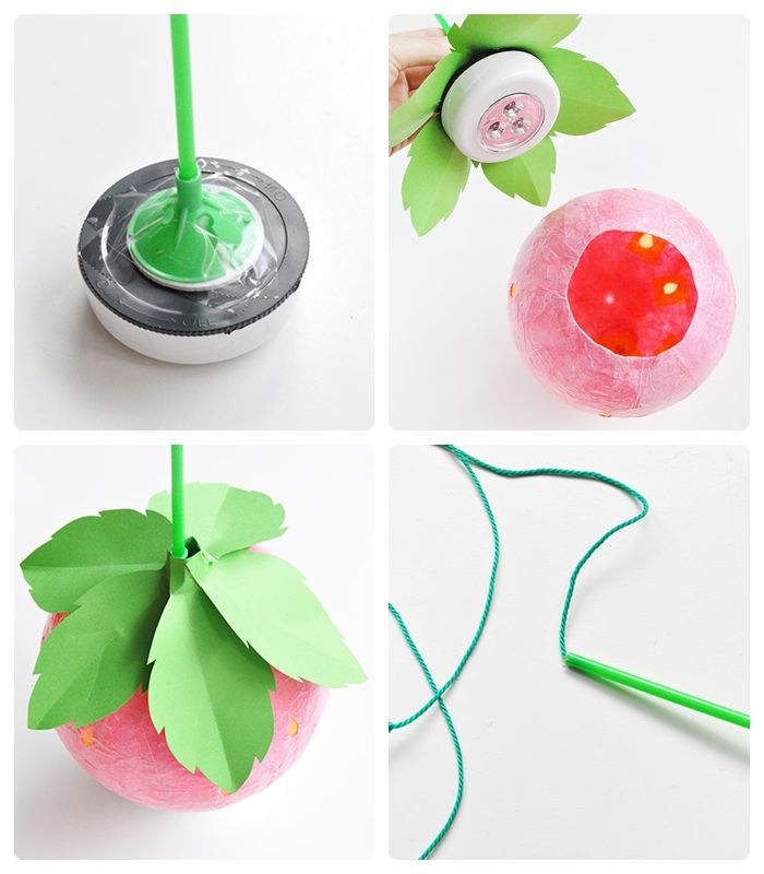 lampenschirm selber machen lampe erdbeere basteln pappmache blätter aus grünem papier
