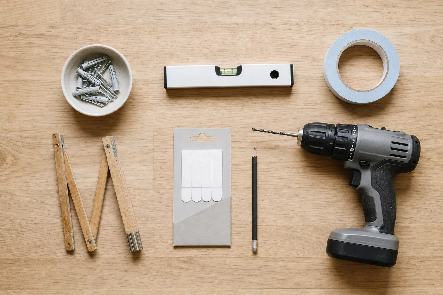 Werkzeug und Material für die Fotowand als Flatlay von oben