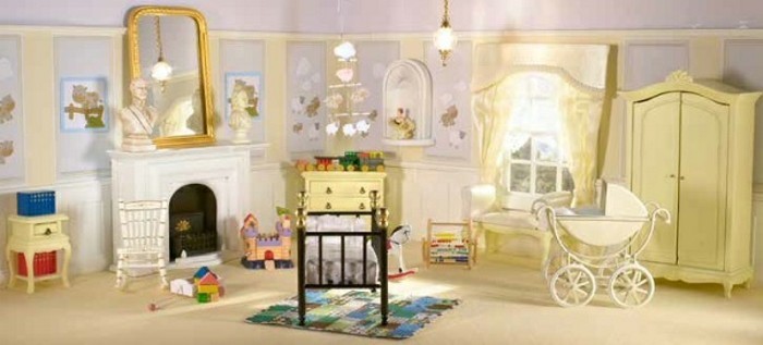 babyzimmer-wandgestaltung-wanddeko-babywagen-teppich-spiegel-kamin