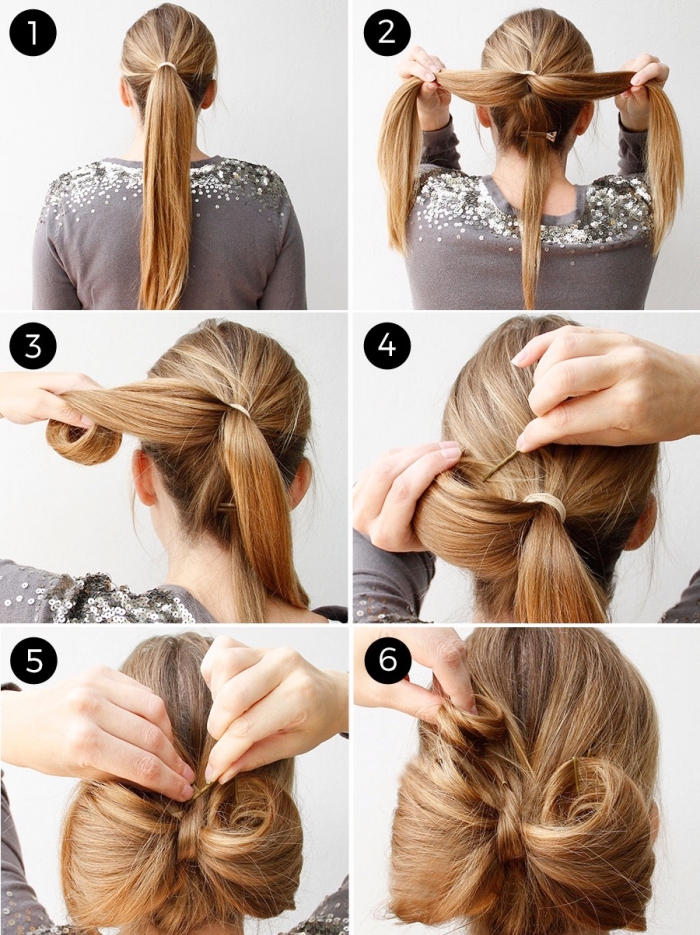 einfache hochsteckfrisuren für lange haare, schleife binden, festliche frisuren, tutorial in bildern