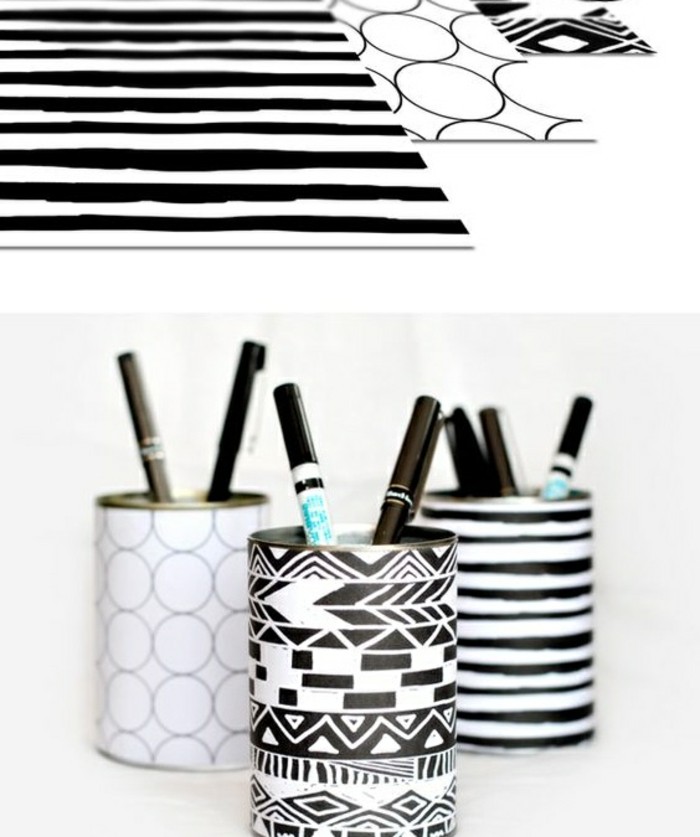kreatives-basteln-papier-in-weiss-und-schwarz-bleistiften-kugelschreiber-stiftenhalter-selber-machen
