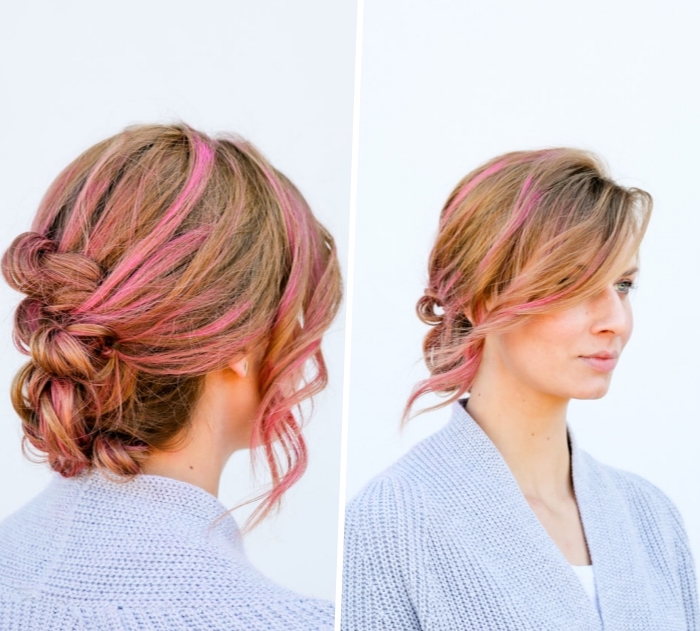 schöne haarfrisuren zum selbermachen, honigfarbene haare mit rosa strähnen, felchtfrisur anleitung