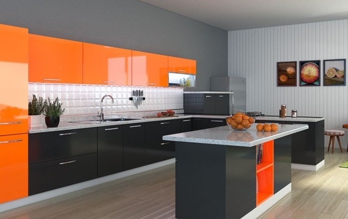 wohnideen-küche-in-orange-und-schwarz-bilder-wanddeko-kücheninsel-obst-waschbecken