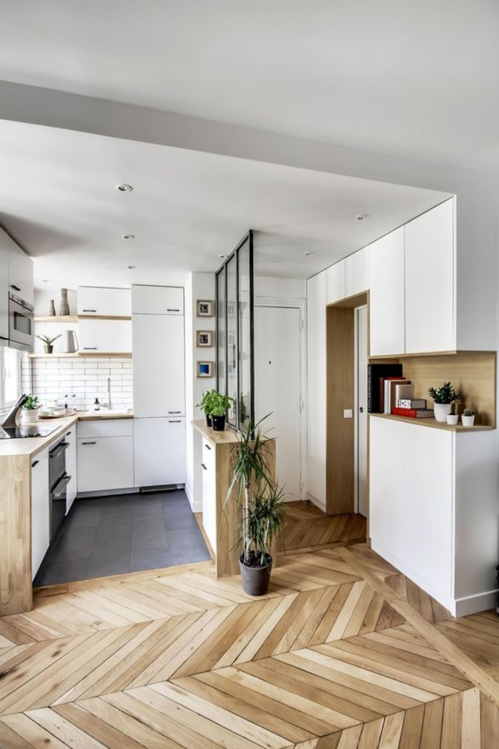 2offene-küche-trennen-glas-eingangstür-parkettboden-pflanzen-kochbücher-kakteen-übergang-wohnzimmer