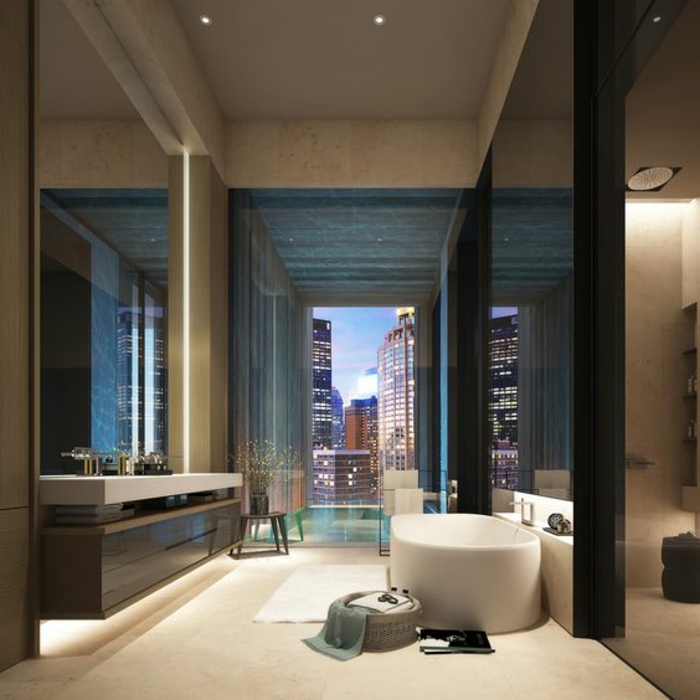modernes badezimmer mit ovaler badewanne und großem fenster