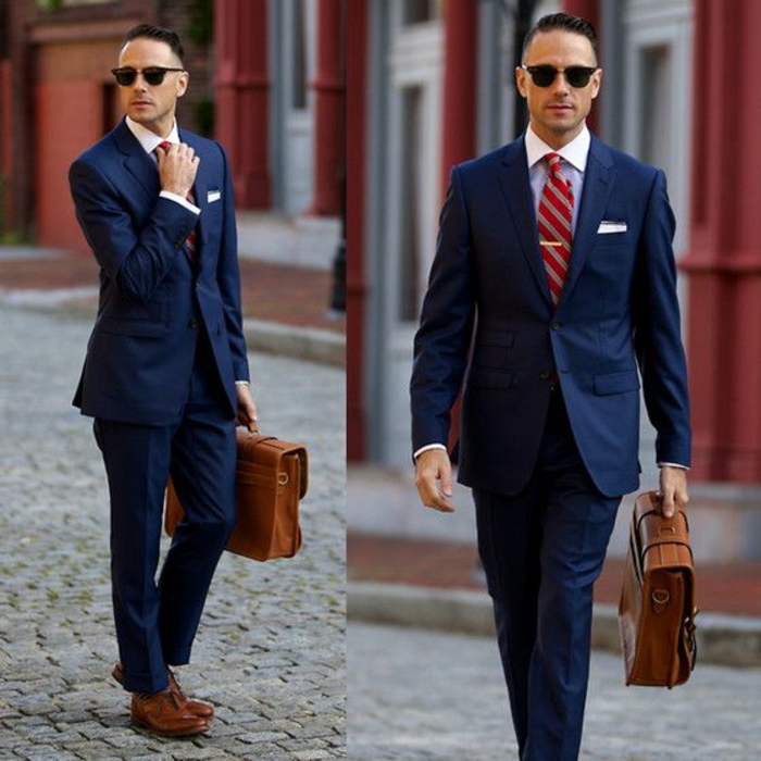 accessoires-männer-rote-krawatte-graue-streifen-dunkelblauer-anzug-ledertasche-braun-braune-lederschuhe-weißes-hemd