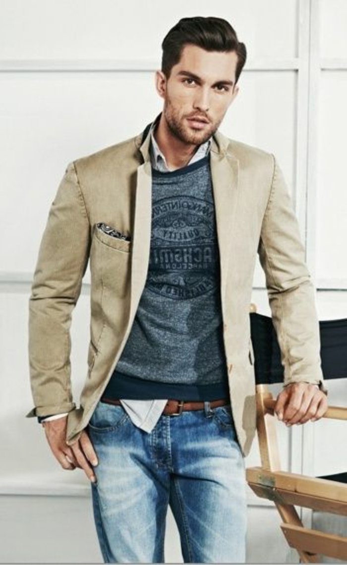 business casual jeans und pulli und blazer hemd gürtel alles kombinieren und modern aussehen