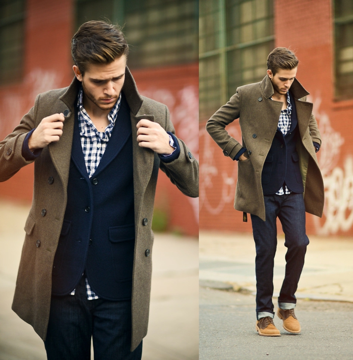 elegant anziehend und trendy angezogener mann hemd strickjacke jeans clarks mantel frisur