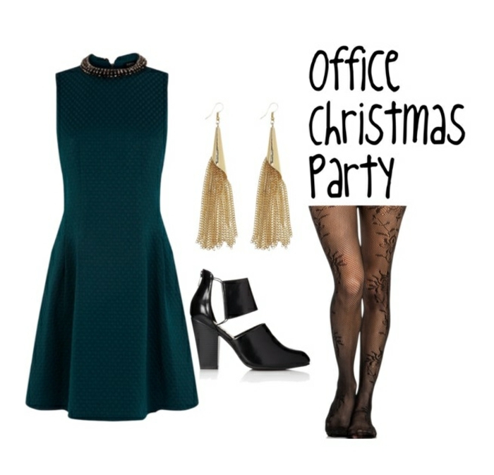 dresscode festlich elegant weihnachtsparty im büro ideen grünes kleid goldene ohrringe absätze