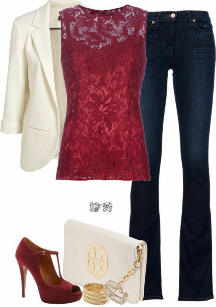 dresscode casual für eine party im büro jeans roter spitzentop weißer blazer rote schuhe weiße tasche