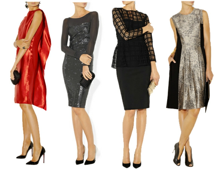 dresscode frauen tragen kleider ideen für modelle und farben vier beispiele rot grau schwarz golden
