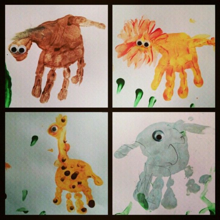 elefant, giraffe, löwe, affe . handabdruck bilder 