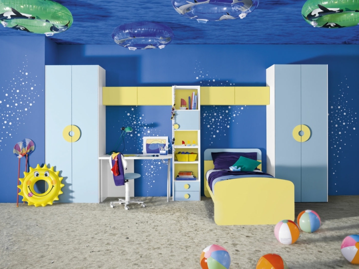 jungen kinderzimmer dekoration einrichtung wie am strand meeresküste schränke in gelb und blau 