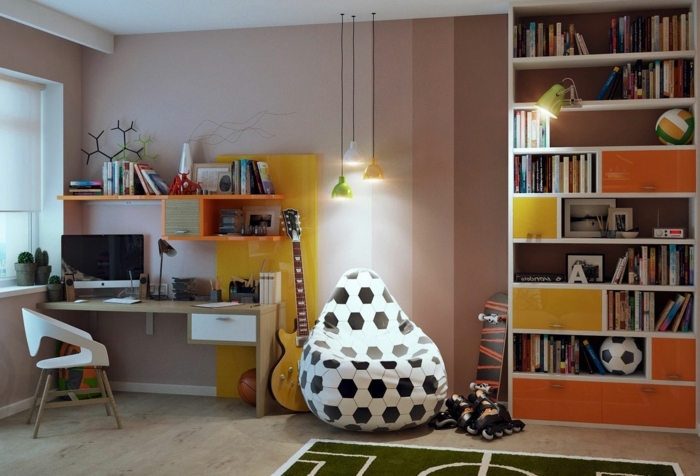 schöne kinderzimmer ideen für einrichtung puff fußball motiv gitarre computer bücherregale lampen