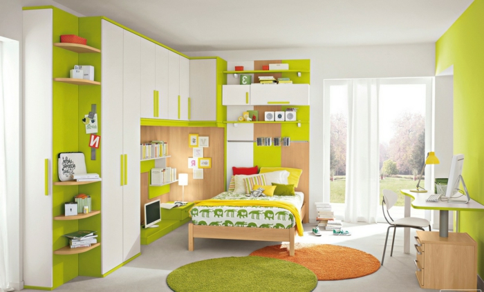 jugendzimmer gestalten ideen in weiß und grün deko runde teppiche orange und grün gelbe decke